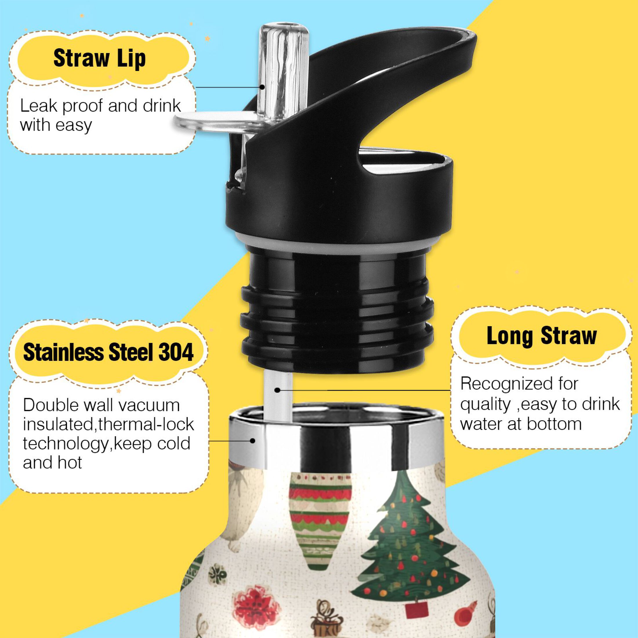 600ML Stainless Steel Insulated Cup Sports Water Bottle Portable Thermos Cup Water Glasses Insulated Tumblers Convenient and Durable Cartoon Christmas Element Pattern