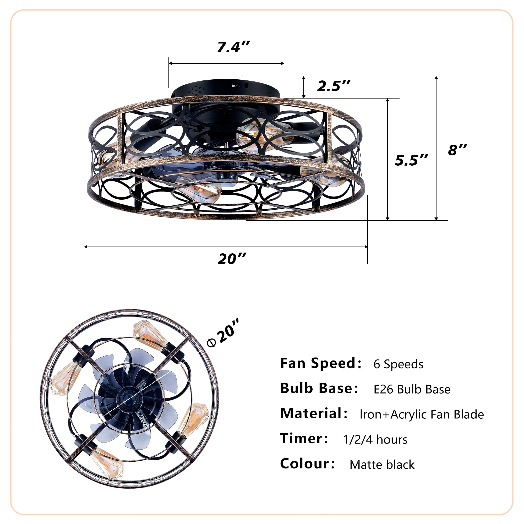 Leumius 20" Low Profile Caged Ceiling Fans with Lights and Remote, Farmhouse Flush Mount Ceiling Fan with 6 Speeds Reversible Motor for Living Room Bedroom Dining Room(NOT Included Bulbs)