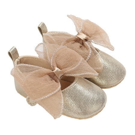 

Baby Girls Mary Jane Flats Shiny Princess Dress Shoes Non-Slip Wedding Shoes with Tulle Bowknot