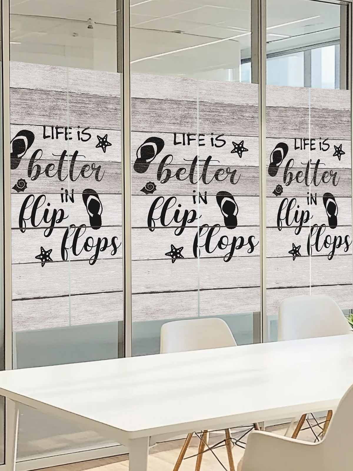 LIFE IS Window Privacy Film, BETTER IN FLIP FLOPS Starfish Wood Grain Frosted Glass Window Clings Static Cling UV Heat Blocking Reusable Door Sticker for Bathroom 23.6 x 59 Inch