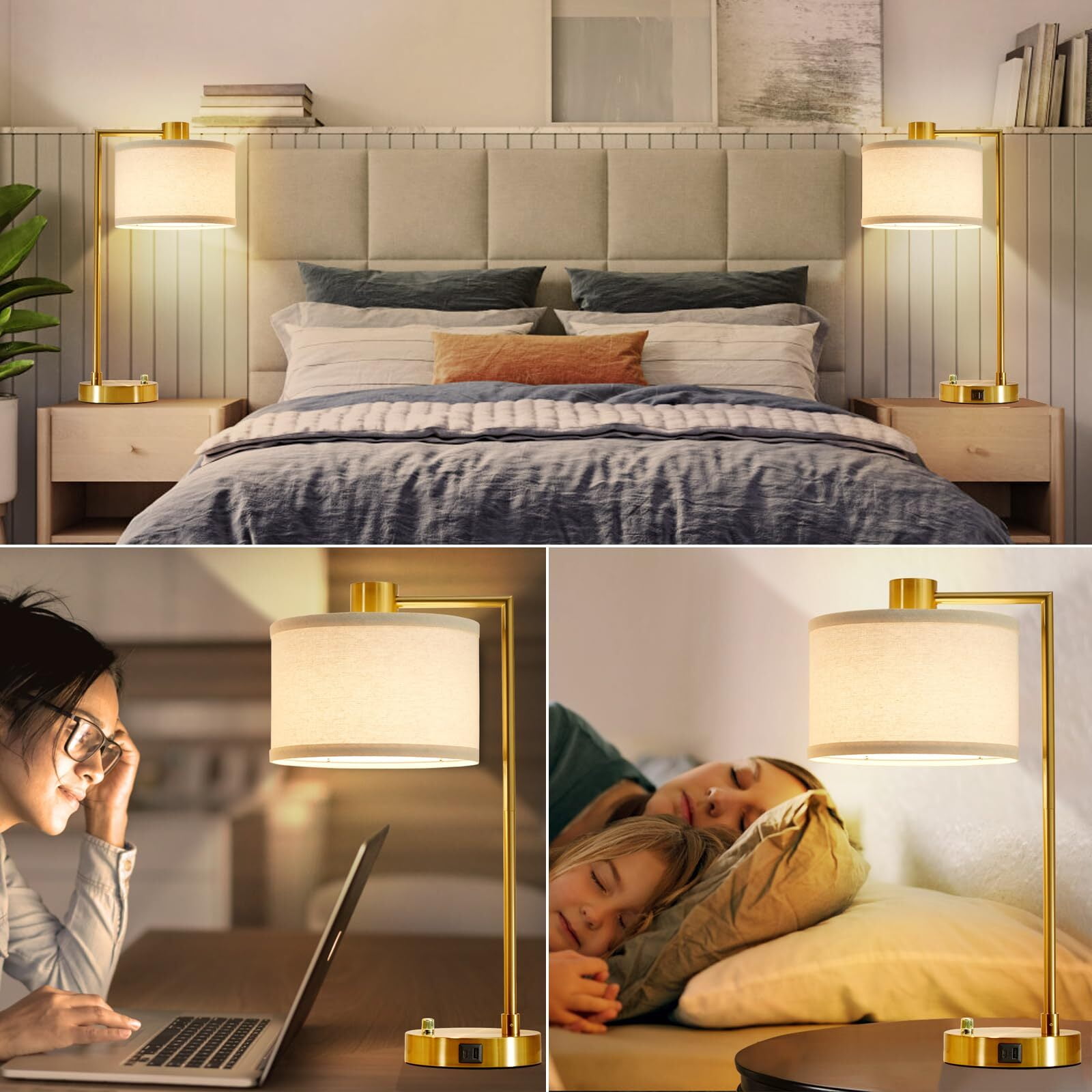 NATYSWAN Table Lamp for Bedroom Set of 2 with USB C+A Ports, Fully Stepless Dimmable Bedside Lamp with Linen Lampshade, Nightstand Lamp for Living Room Reading Office, 2 LED Bulbs Included (Gold)
