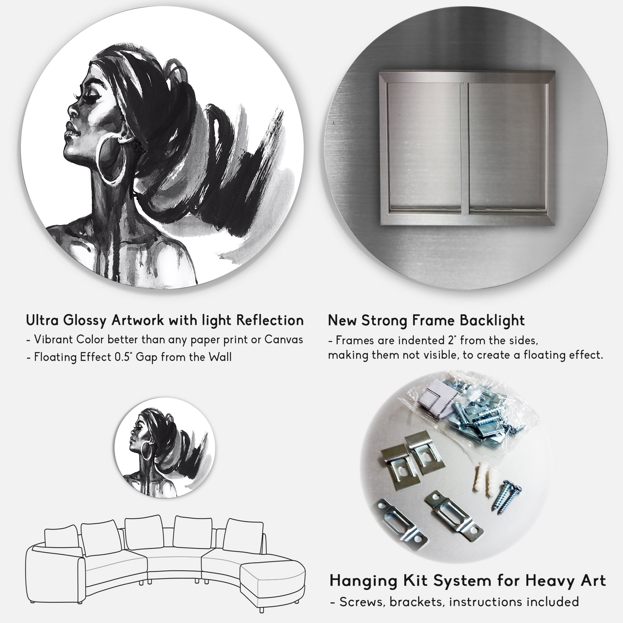 Designart 'Black and White Portrait of African American Woman IV' Modern Circle Metal Wall Art 23x23 - Disc of 23