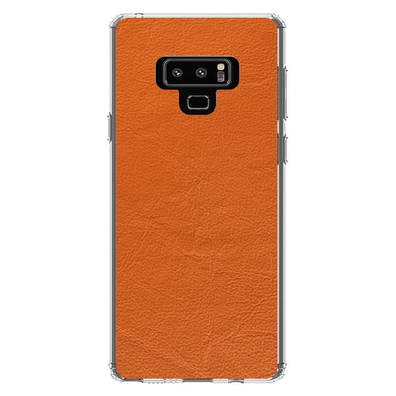 DistinctInk Clear Shockproof Hybrid Case for Samsung Galaxy Note 9 - TPU Bumper, Acrylic Back, Tempered Glass Screen Protector - Orange Faux Leather Print Design - Printed Leather Image