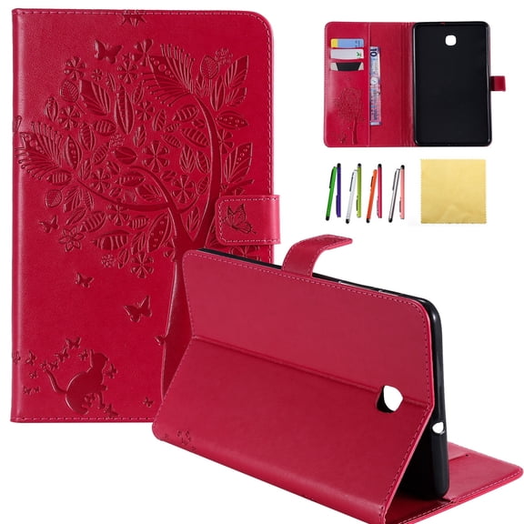 Galaxy Tab A 8.0 2018 Case, Allytech Embossed Cat & Tree PU Leather Stand Folio Wallet Case Cover with Credit Card Slots for Samsung Galaxy Tab A 8.0 (Model: SM-T387), Red