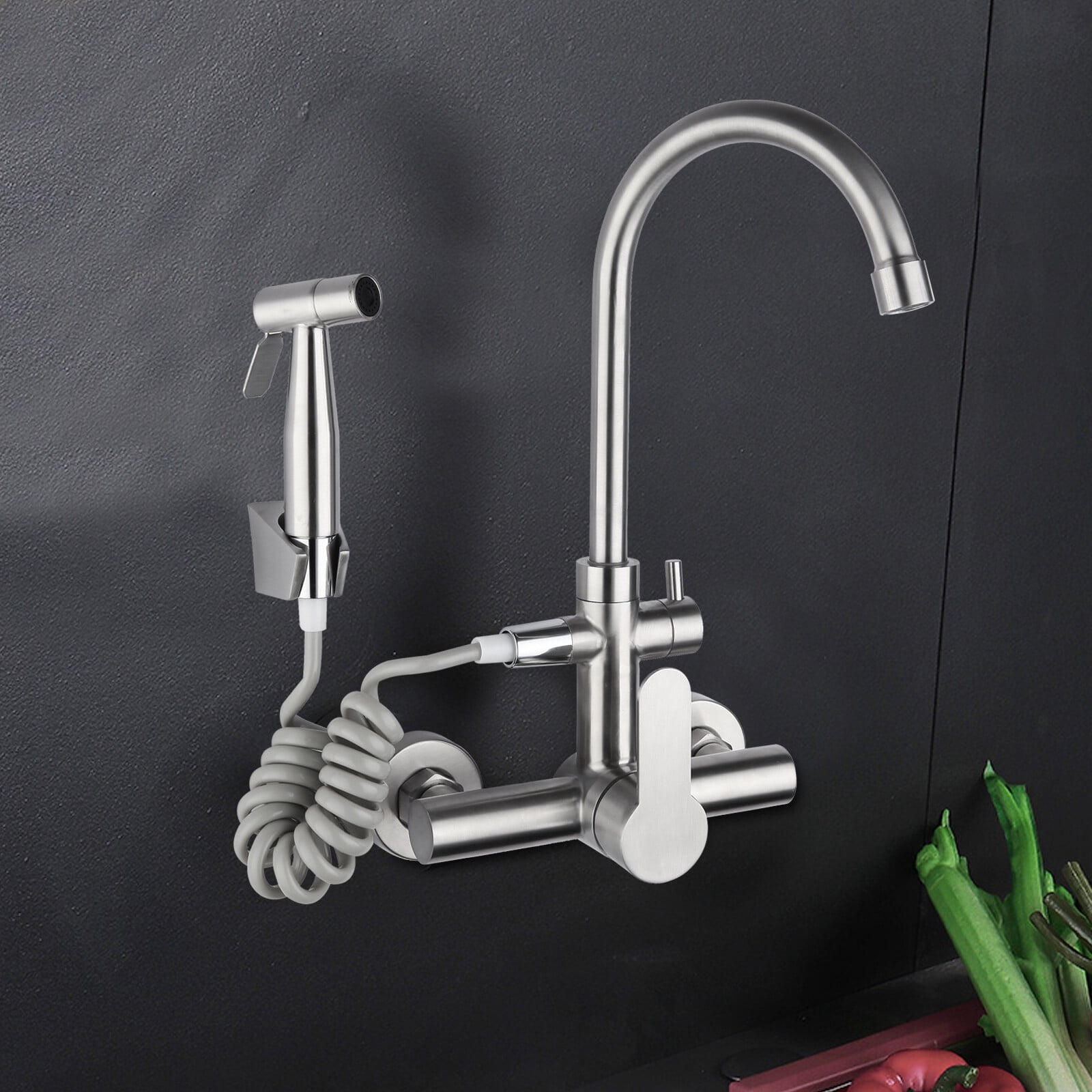 Silver Single Handle Wall-mounted Stainless Steel Faucet 360° Rotation Kitchen Faucet for Homes Restaurants Shopping Centers