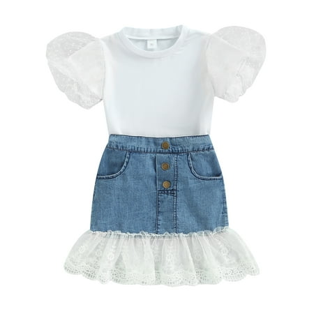 

Calsunbaby Newborn Baby Girls Short Sleeve Dot Mesh T-shirt Denim Lace Hem Skirt Summer Outfits Clothes Set White 18-24 Months
