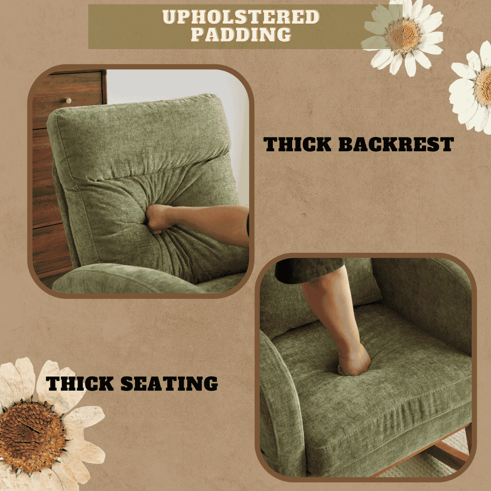 Spaco Linen Rocking Chair with Thick Headrest, Upholstered Mid-Century Modern Nursing Rocker Glider with Curved Armrest and Sturdy Solid Wood Base for Living Room, Bedroom, Baby Room, Green