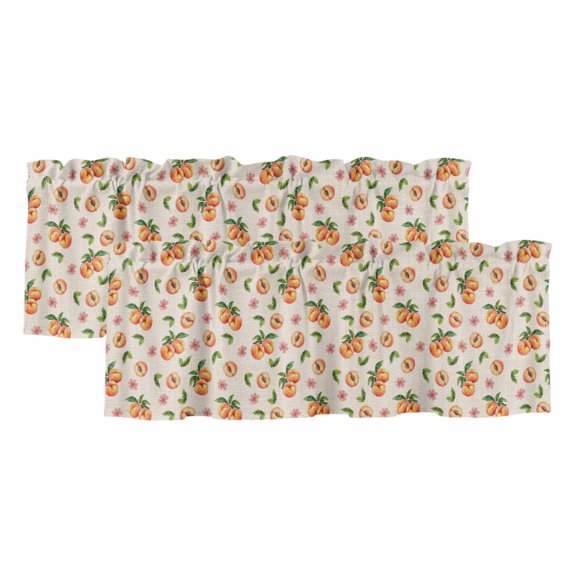 Summer Peach Curtain Valances for Windows, Kitchen Valance Window Treatments Panel 2 Pack, Tropical Fruit Rustic Flowers Watercolor Rod Pocket Short Curtains for Bathroom Bedroom 54 x 18 Inch