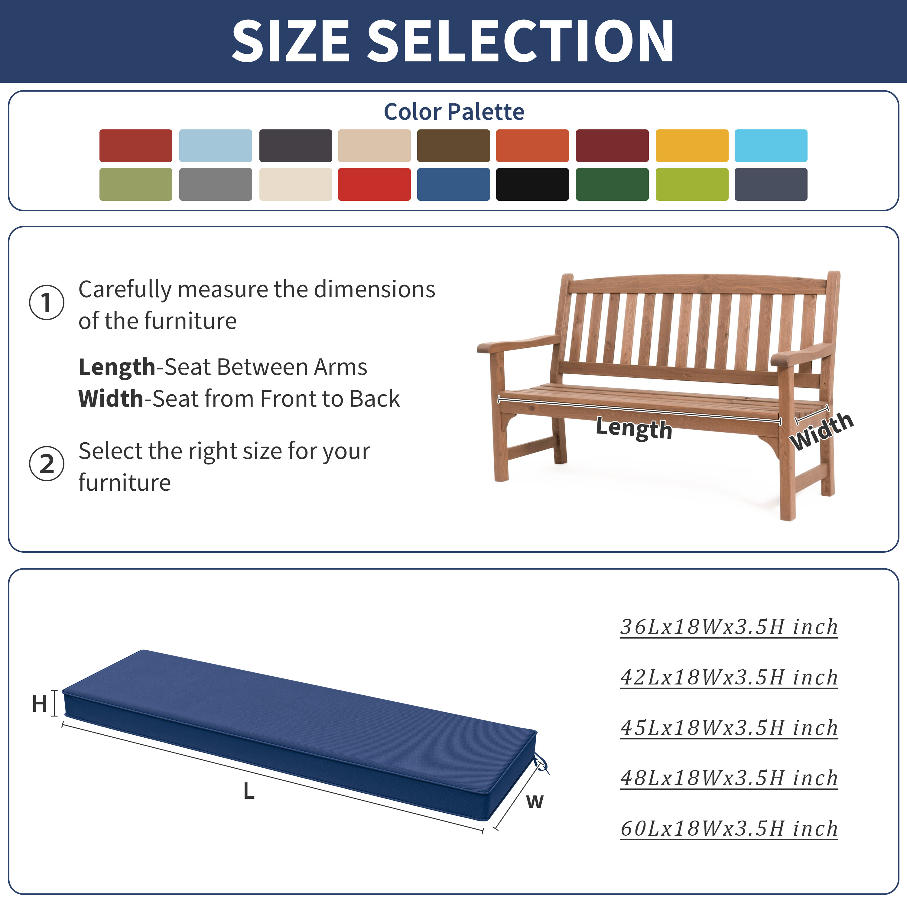 Kimunuk Outdoor Bench Cushion 60 x 18 x 3.5 Inch, Memory Foam Bench Cushion Waterproof Porch Swing Pad for Patio Furniture with Strap, Blue