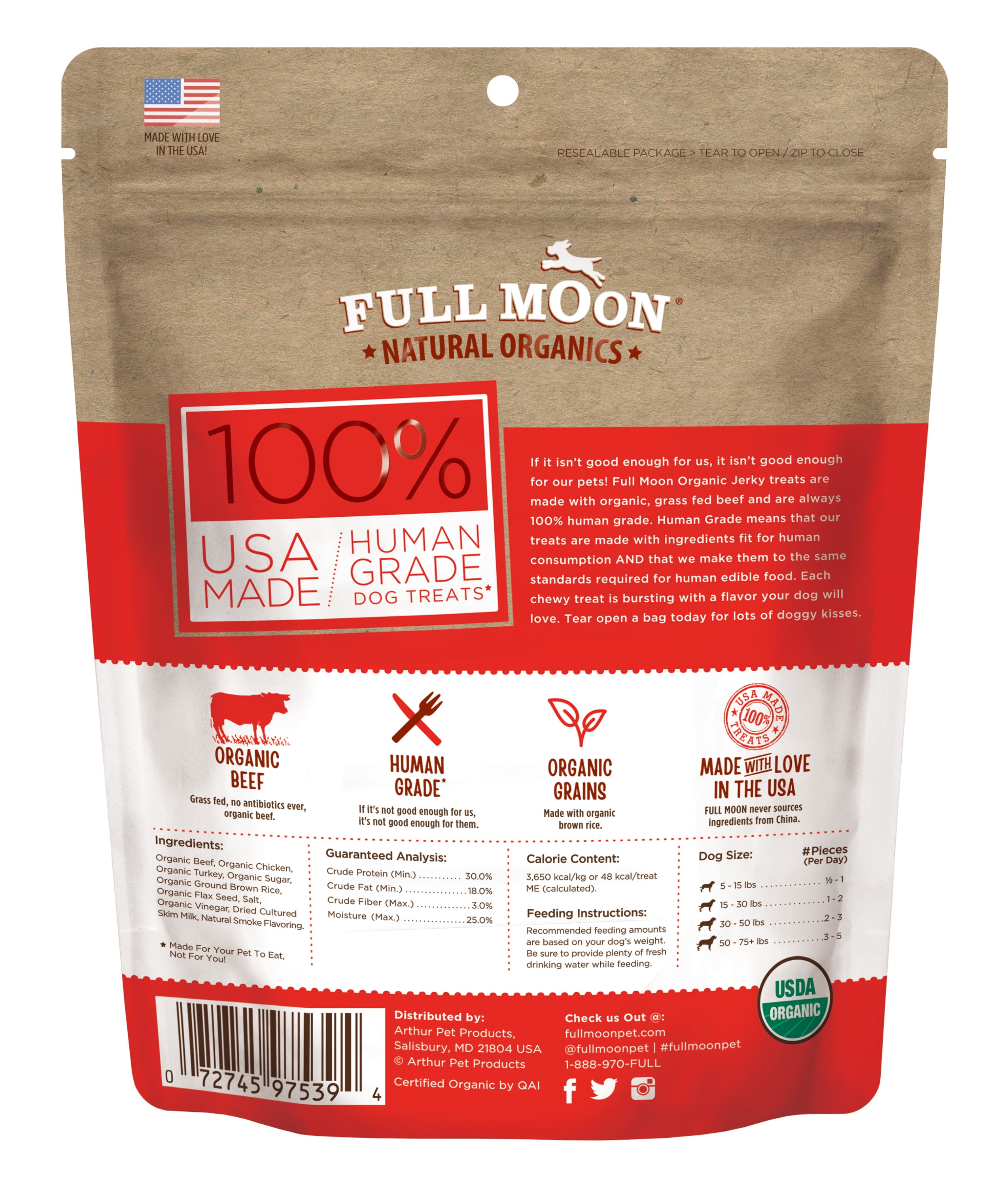 Full Moon Organic Human Grade Dog Treats, Beef Jerky, 8 Ounce