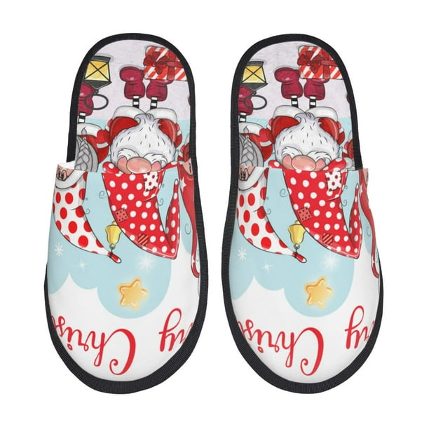 Balery Christmas Pantuflas de Casa de Felpa Silenciosas con Diseño Estampado, Zapatillas Cómodas Antideslizantes de Algodón para Interior-Large