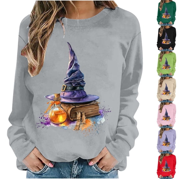 LangJing Halloween Sweatshirts for Women Oversized Witch Hat Graphic Fall Pullover Tops Tunic Crewneck Long Sleeve Sweatshirt Khaki,XXL
