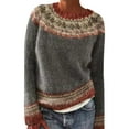 thumbnail image 2 of Gray Sweatshirt for Women's Knitted Isle Print Retro Sweater Casual Loose Crewneck Long Sleeve Lightweight Cropped Pullover Tops Womens Fall Tops, 2 of 6