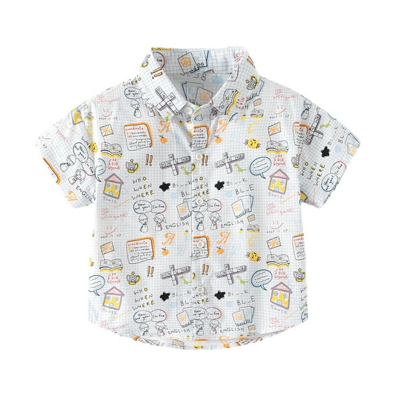 LYMAYTER Kids Boys Summer Shirts Baby Cotton Short Sleeve Shirts Toddler Print Button Tops for 2-10 Years