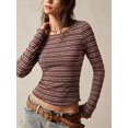 thumbnail image 3 of Women's Striped Ribbed Knit Top, Crew Neck Long Sleeve Fitted Blouse, Slim Fit Bodycon Pullover, Boho Vintage Everyday Wear for Women, 3 of 9