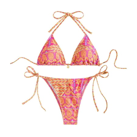 2 Piece Bikinis V-Neck for Women Women s Bikini Sets High Waisted Bathing Suits Two Swimsuits Floral Print Triangle Swim Suits Trendy 2025 Pink