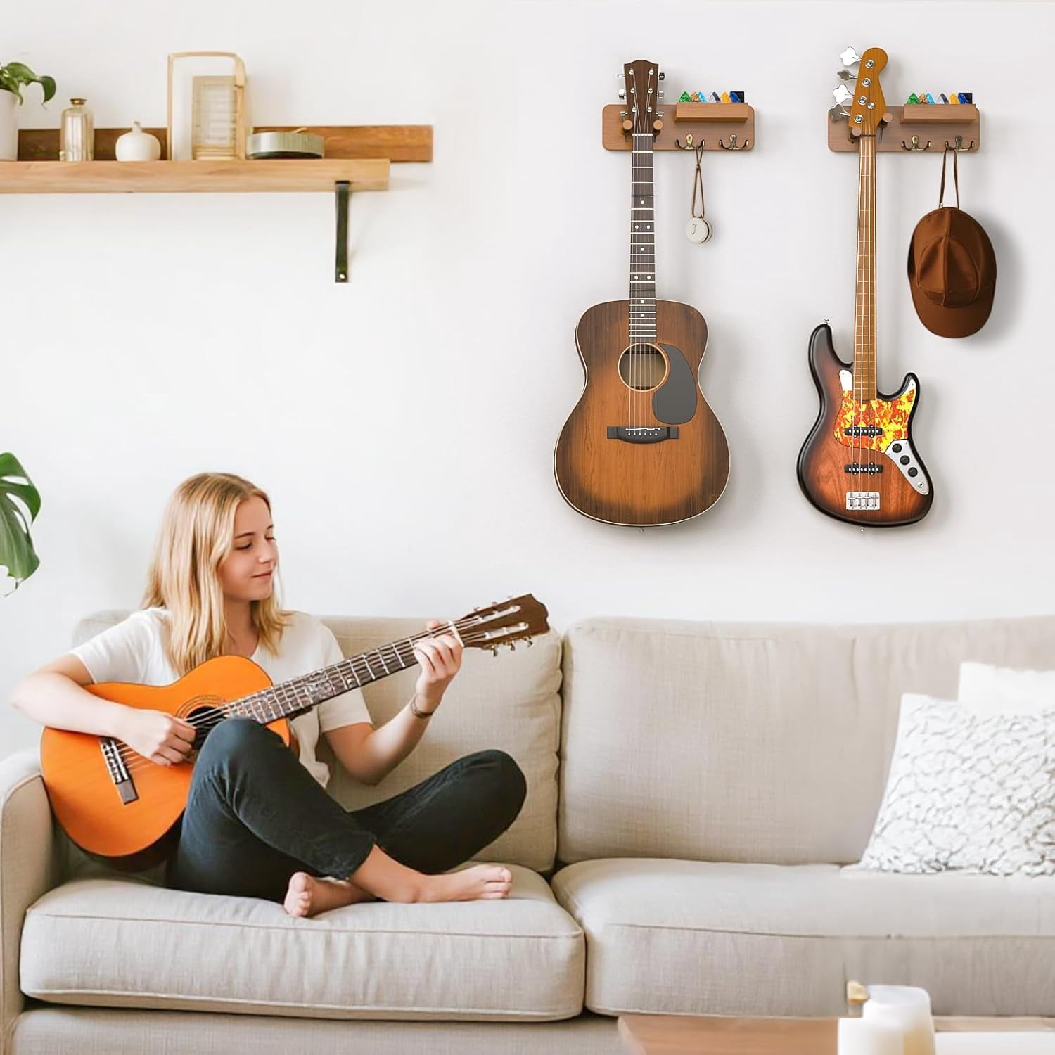 2-Pack Guitar Wall Mount, Adjustable Guitar Hanger Wall Mount with Pick Holder and 2 Hooks Wood Guitar Wall Hangers, Guitar Holder for Acoustic, Electric, Bass, Ukulele(Brown 2PCS)