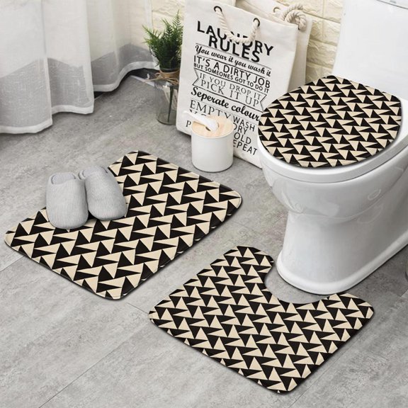 Black Beige Chevron Pattern Bathroom Rugs Sets 3 Piece,Toilet Cover Set,Absorbent Non Slip Bathroom Mats Sets with U-Shaped Contour Rug Toilet Rug Set