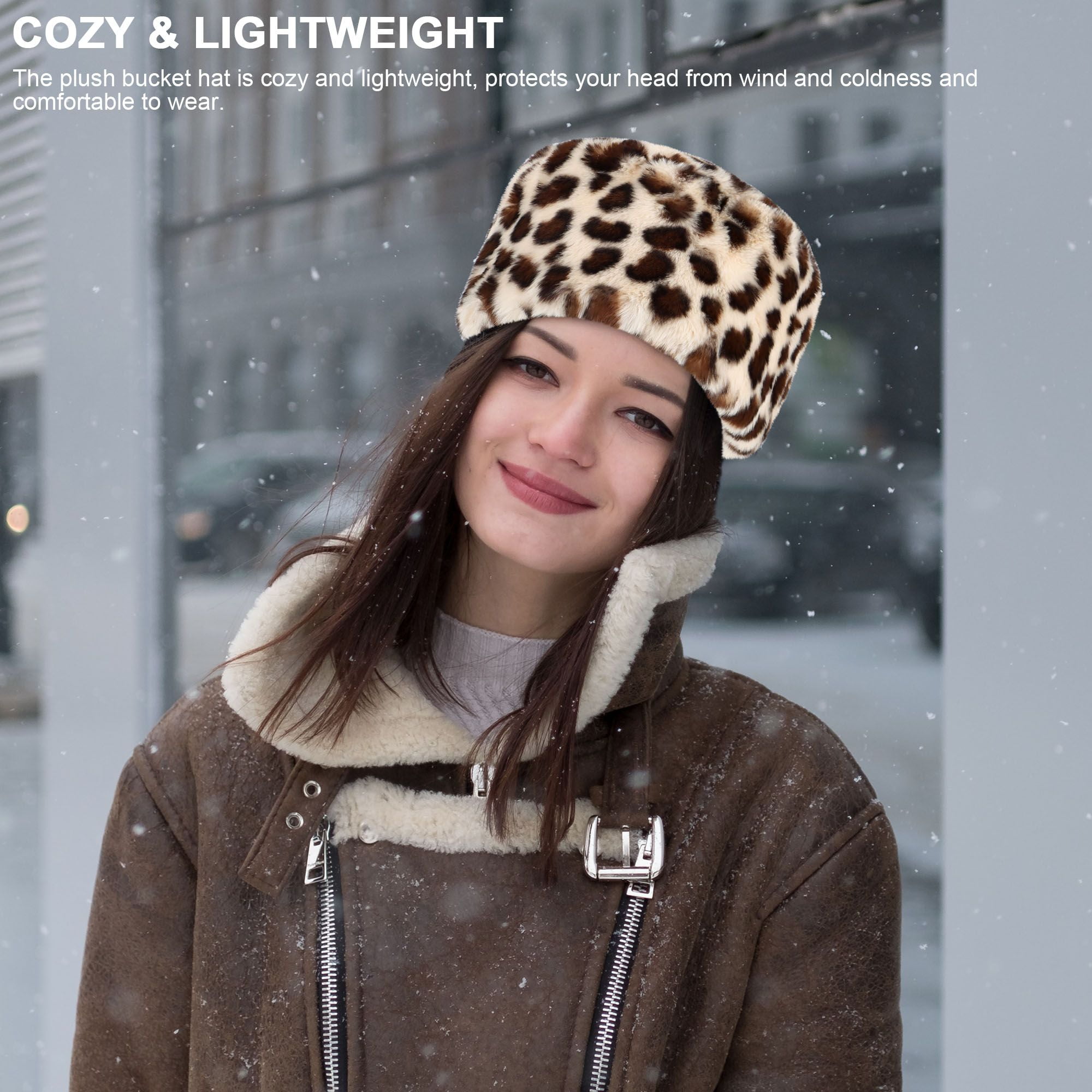 Women Gray Leopard Warm Winter Hat Faux Fur Russian Cossack Style Lovful Winter Women Faux Fur Russian Cossack Style Hat  main image 4