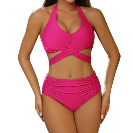 Divhosrg High Waisted Bikini Sets for Women  Bikini Sets for Women Cheeky Bottoms  Bathing Suit for Women Tops  Womens Swimsuits Tankini  Hot Pink Swimsuits for Women 2 Piece 2XL