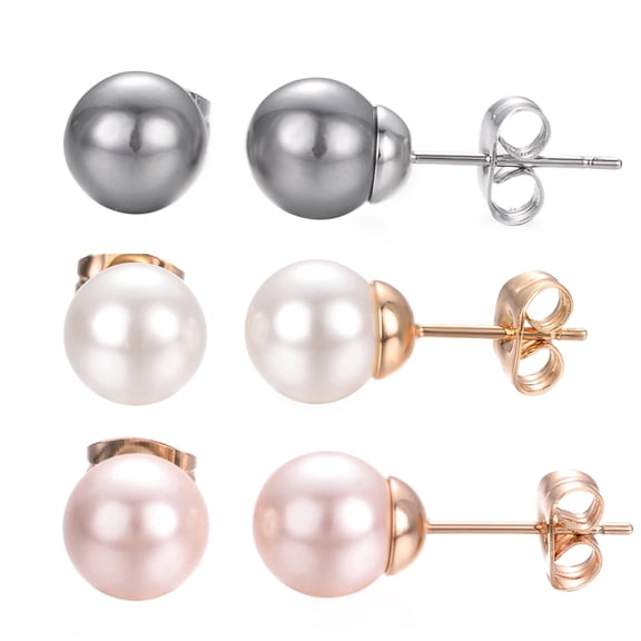 Yoursfs 3 Pairs Pearl Stud Earrings for Women Gold Plated Fake Pearl Earrings for Pierced Ear, 8mm Pearl Earrings Sets (Pink White Black Pearl)