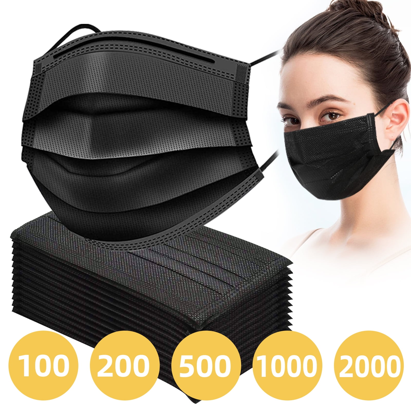 100 Pack USA Made Disposable Face Masks Black, 3 Ply Breathable