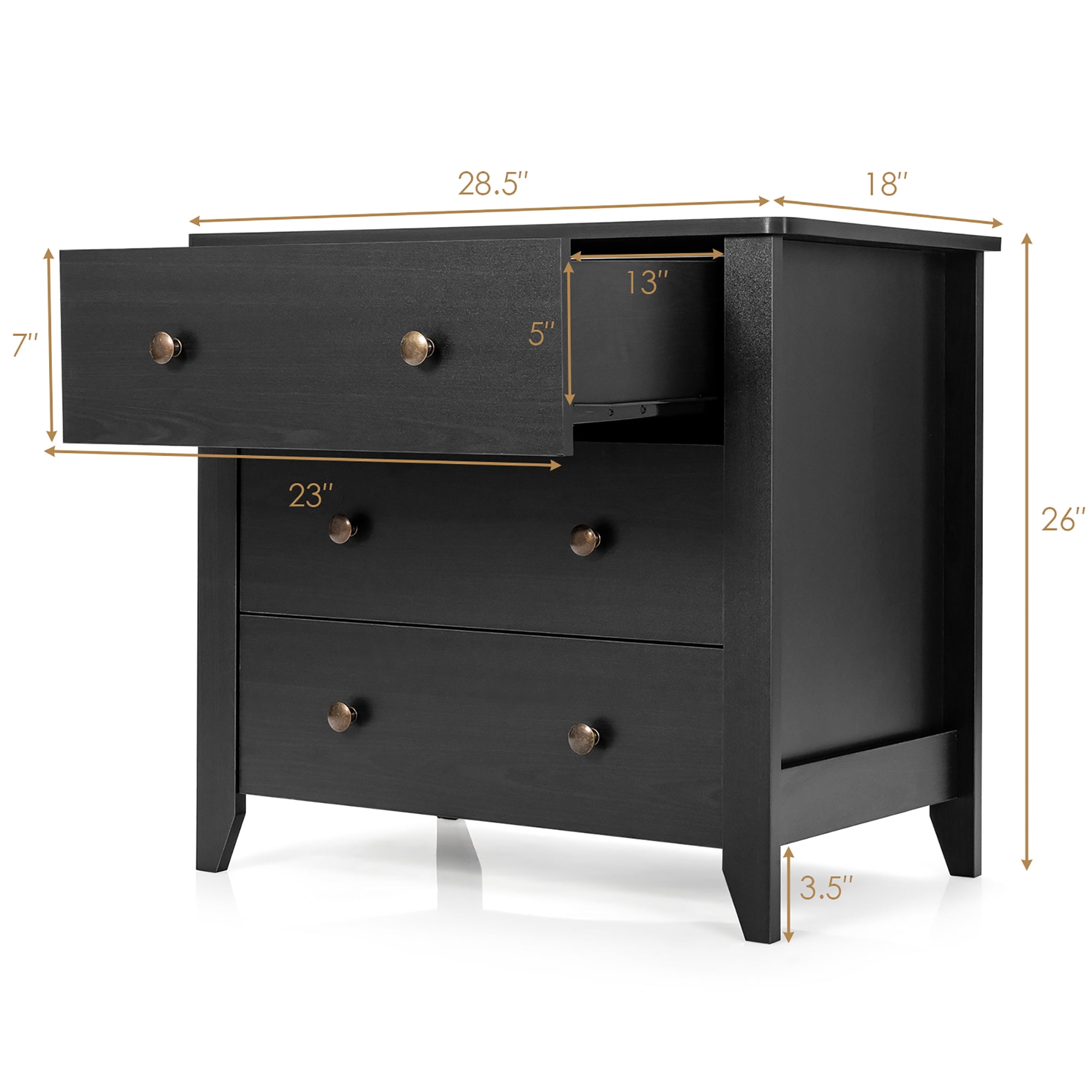 Gymax 3 Drawer Dresser Chest of Drawers Bedside Table for Living Room Bedroom Black