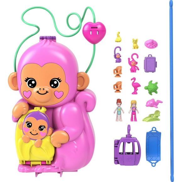 Polly Pocket Momma Monkey & Baby Playset with 2 Micro Dolls, Pets & 13 Accessories, 2-in-1 Purse & Toy
