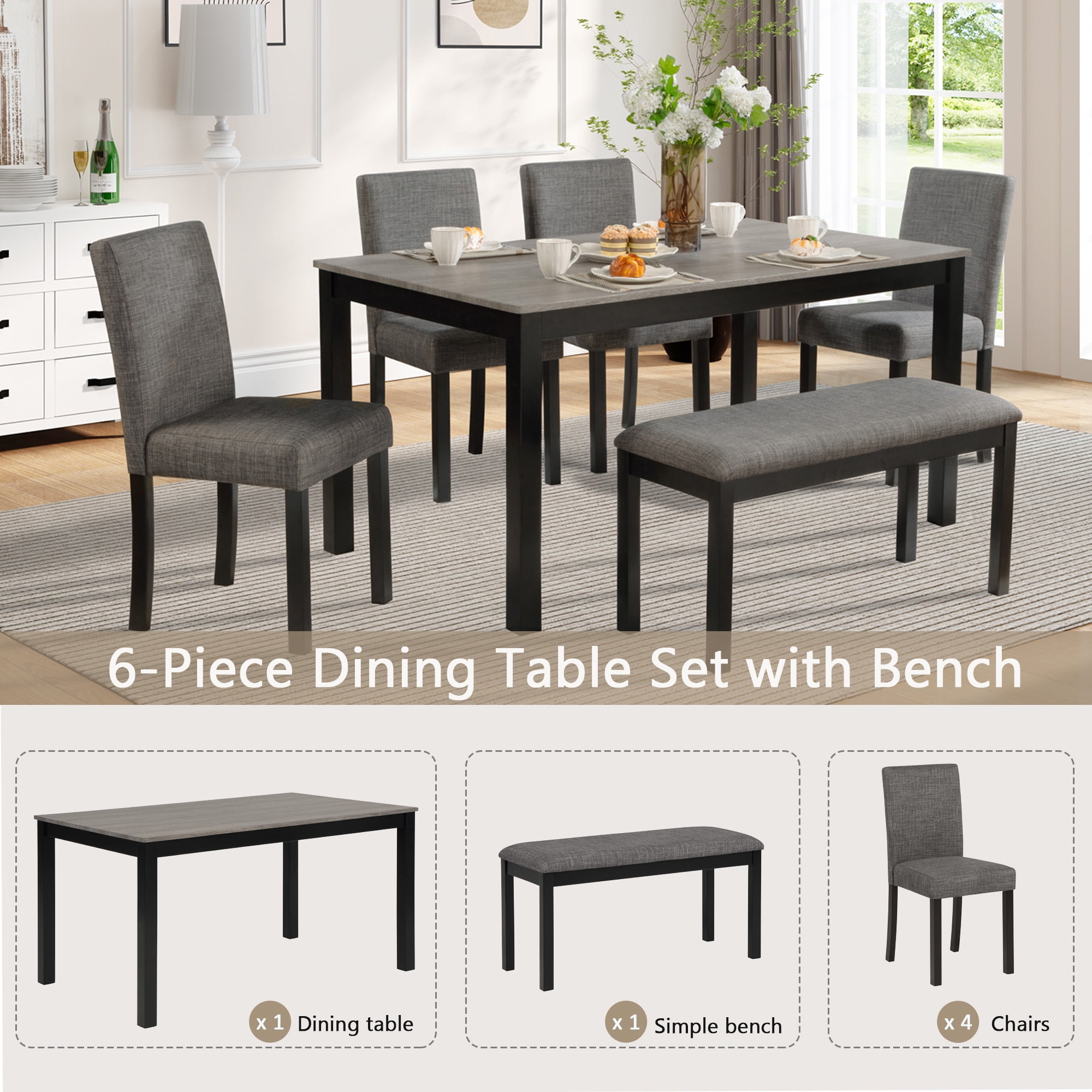 PORKISS Dining Table Set for 6, Farmhouse Dining Table Set with 4 Upholstered Chairs and Bench, Wood Rectangular Counter Dining Set of 6 People for Kitchen, Dining Room, Gray