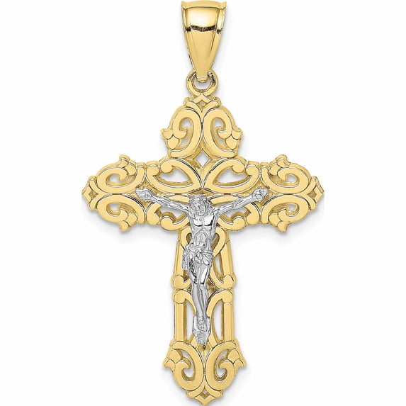10K Two-Tone With Rhodium Crucifix Scrolled Tips Charm Made In United States -Jewelry By Sweet Pea