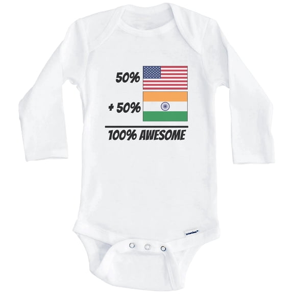 50% American Plus 50% Indian Equals 100% Awesome Cute India Flag One Piece Baby Bodysuit (Long Sleeve), 0-3 Months White