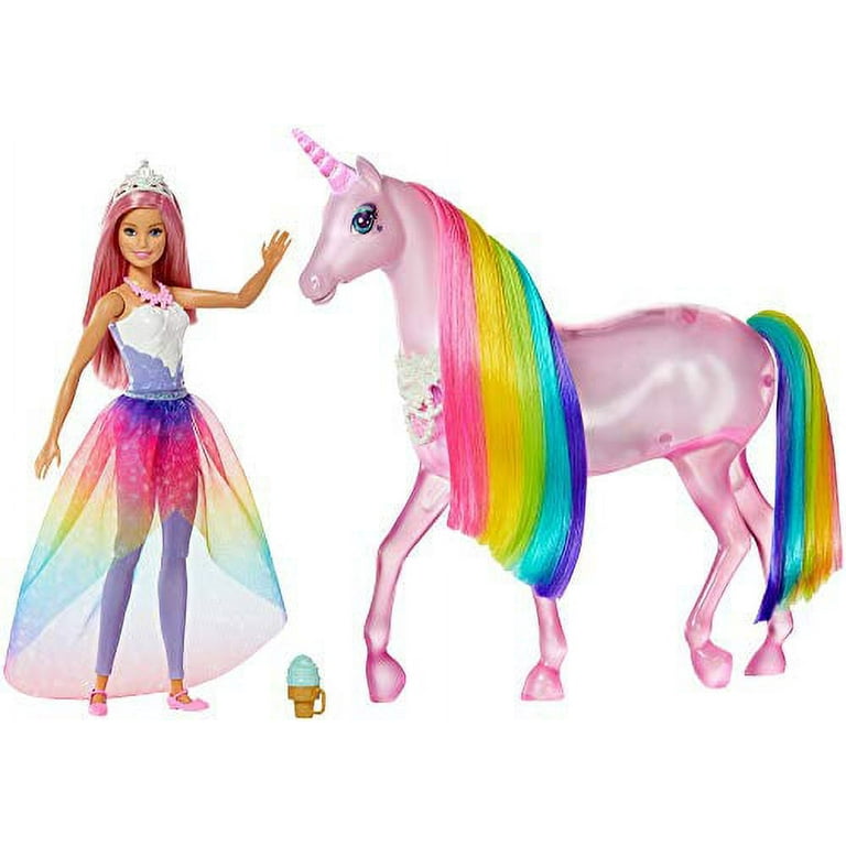 Barbie Dreamtopia Magical Lights Unicorn with Rainbow Mane, Lights and  Sounds, Barbie Princess Doll with Pink Hair and Food Accessory, Gift for 3  to 7 Year Olds, Multi, nica 