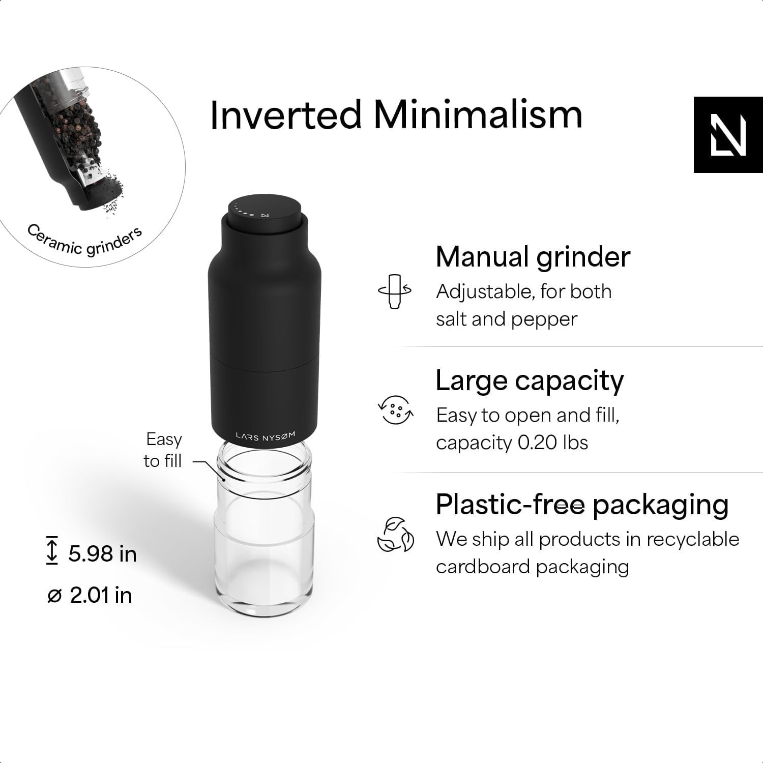 Salt and Pepper Grinder Set, Stainless Steel Manual Salt and Pepper Mills, Adjustable Ceramic Grinder, Design Spice Shakers (Carbon Black)