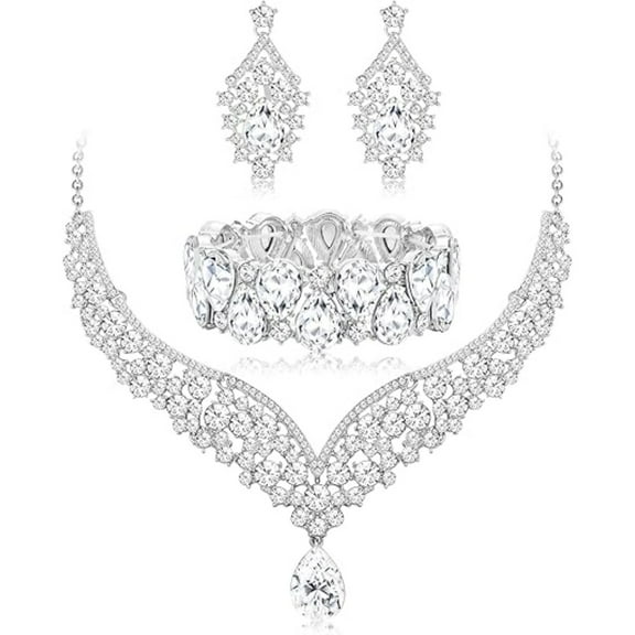 3-Piece Sparkling Bridal Jewelry Set with Adjustable CZ Necklace Earrings Bracelet Set for Wedding Reception Banquet Christmas Party