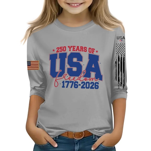 CCRFTGI American 4th of July Tops for Kids Girls Size 8 3/4 Sleeve Funny 250 anniversary usa flag Summer Cute T-Shirts Patriotic Girls Fashion Outfit Gray 7-8 Years