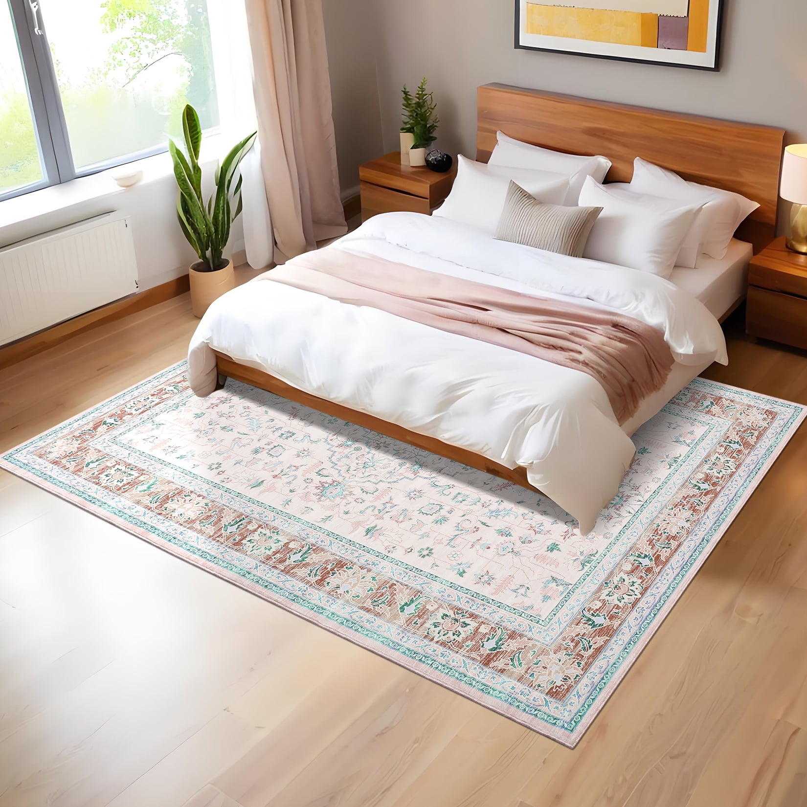 Garvee Vintage Floral Print Area Rug, 10'x13' Washable Rug Stain Resistant Indoor Carpet Non-Slip Low Pile Floor Rugs for Living Room Bedroom Dining Room, Pink