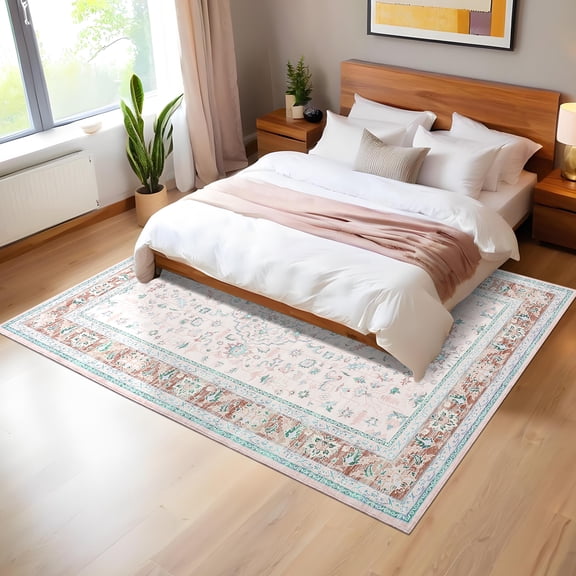 HIWEAVER pink 9′ x 12′ Oriental Floral Vintage Area Rug for Living Room Washable Non Slip Indoor Carpet for Bedroom Decor Low Pile Farmhouse Floor Cover