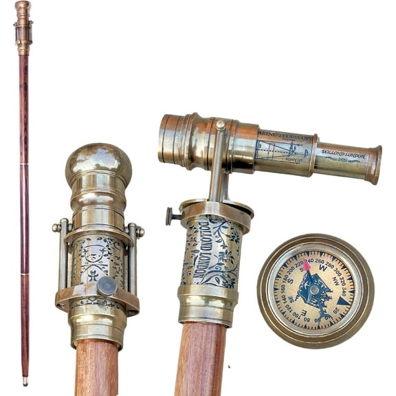 Vintage Brass Telescope Walking Stick – Detachable Wooden Cane for Men & Seniors, Nautical Antique Look by Maritime Treasures