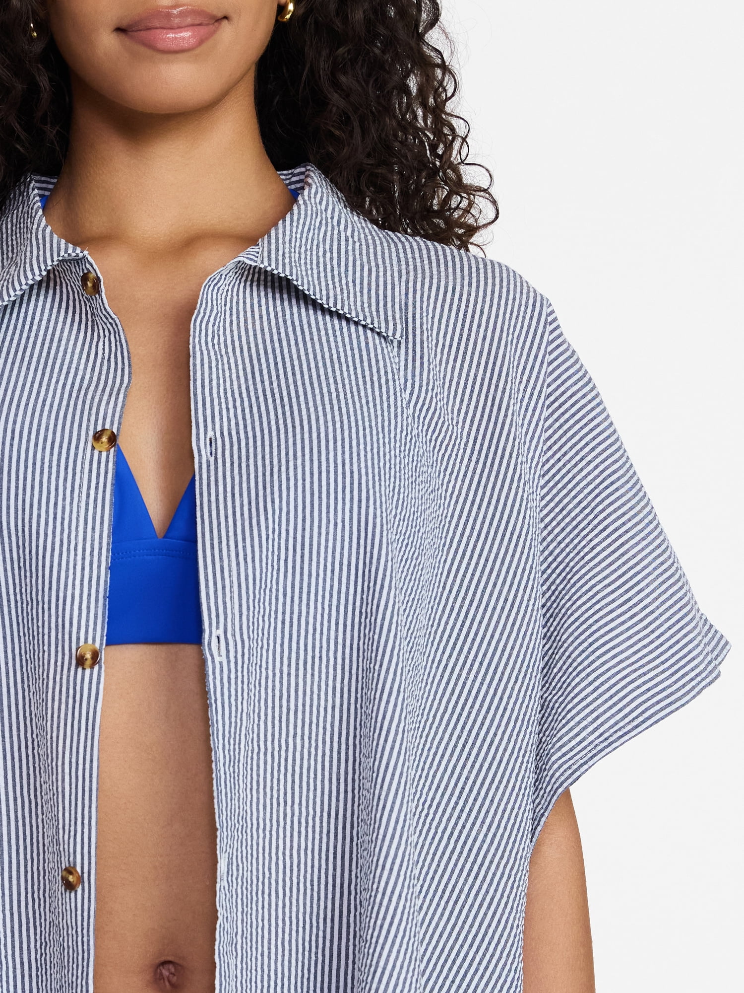Time and Tru Women's Button Down Coverup, Sizes S/M, Blue/White