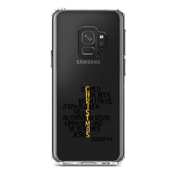 DistinctInk Clear Shockproof Hybrid Case for Samsung Galaxy S9 (5.8" Screen) - TPU Bumper Acrylic Back Tempered Glass Screen Protector - Christmas - Isaiah 9:6 - Black Yellow