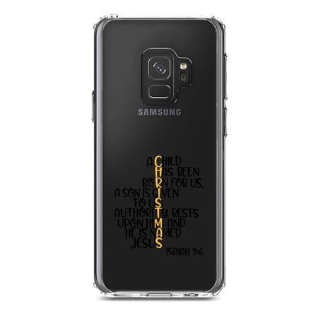 DistinctInk Clear Shockproof Hybrid Case for Samsung Galaxy S9 (5.8 Screen) - TPU Bumper Acrylic Back Tempered Glass Screen Protector - Christmas - Isaiah 9:6 - Black Yellow