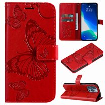 Jiahe Cover Wallet Phone Case For iPhone 14 Pro 6.1 inch,Shockproof Magnetic Flip Leather Pattern Card Holder Kickstand Wristband Cover,Red