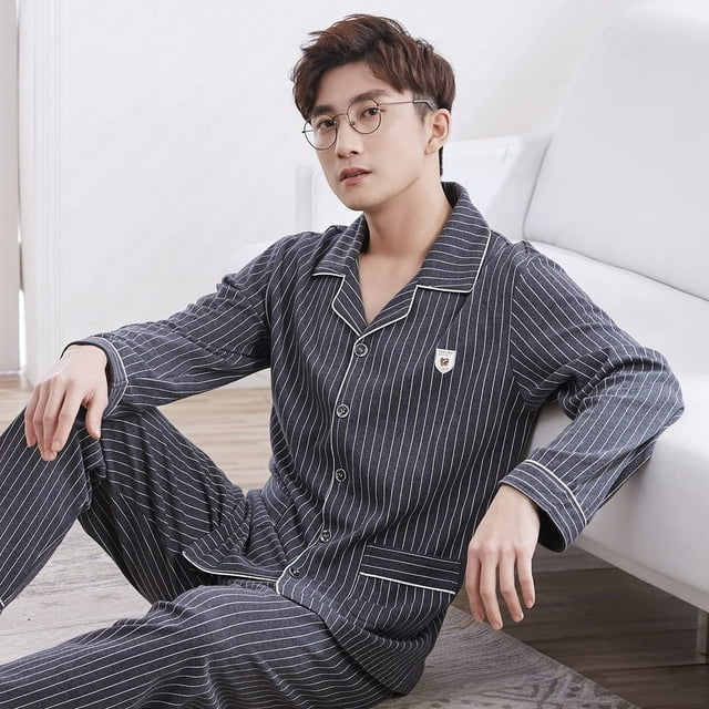 Pijamas de hombre de primavera y otoño de algodón de manga larga de algodón de talla grande para mediana edad, ropa de hogar, pijamas de invierno