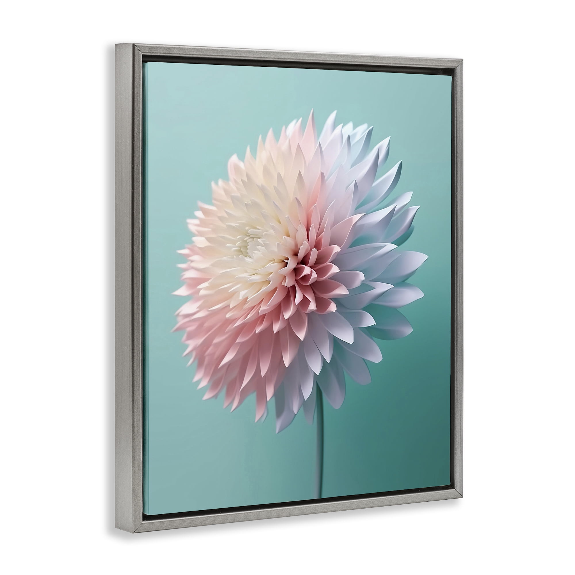 Stupell Industries Detailed Dahlia on Blue Plants & Flowers Photography Gray Floater Framed Canvas Art Print Wall Art, 25 x 31