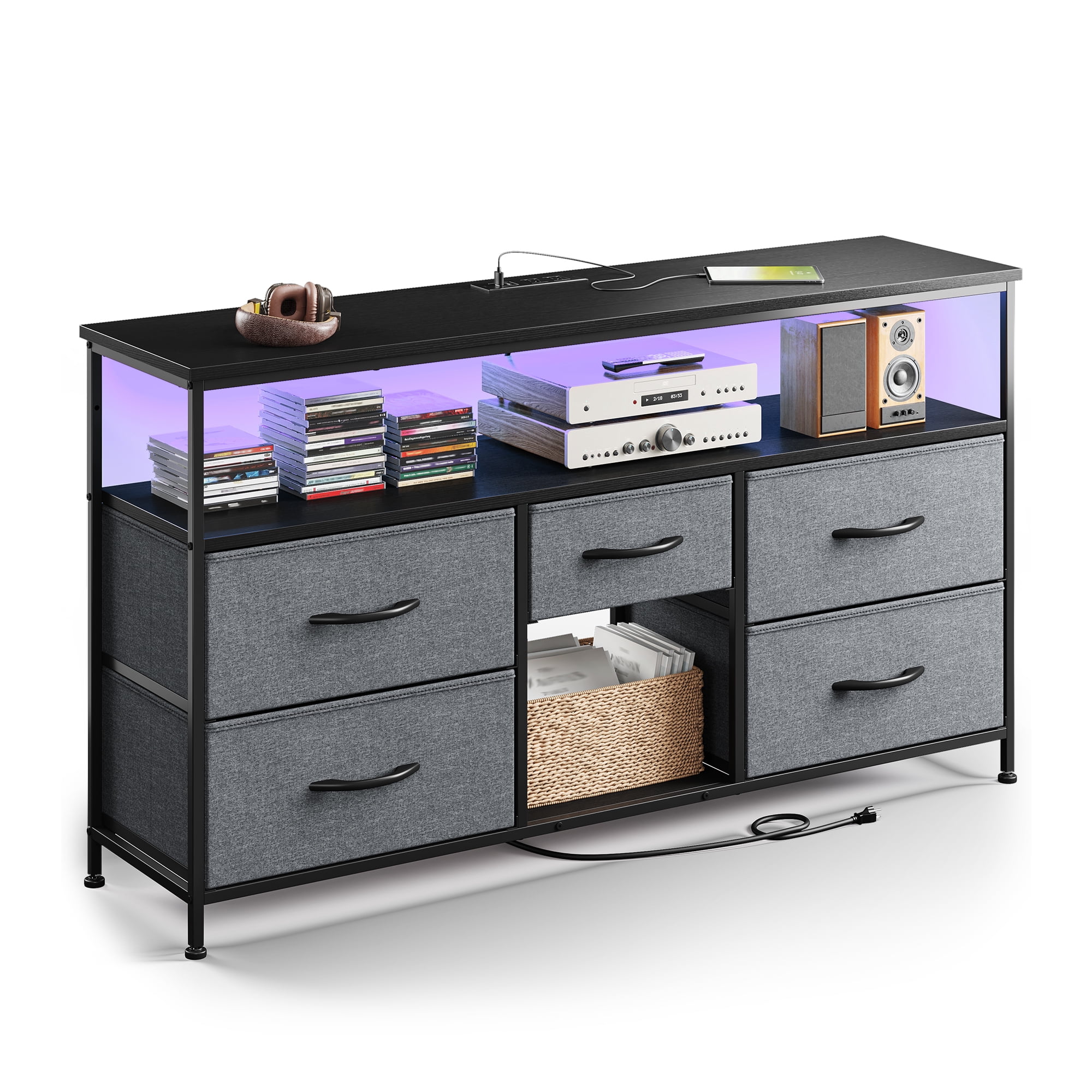 EnHomee Wide Dresser with 5 Drawers TV Stand for 50"Inch TV,Dressers for Bedroom with LED Lights & Power Outlets,Gray