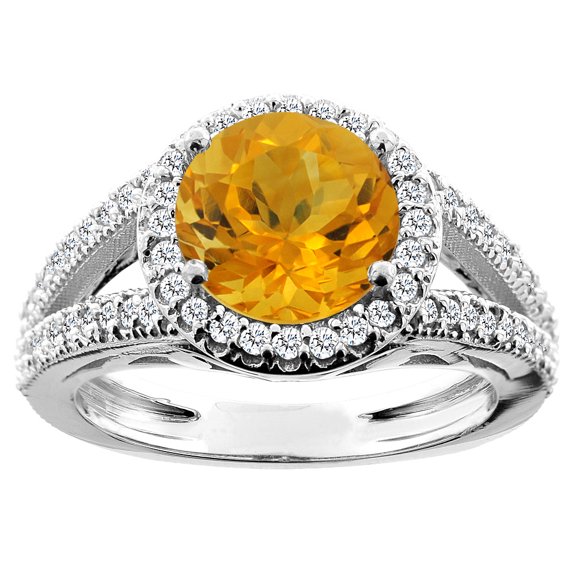 10K White Gold Natural Citrine Ring Round 8mm Diamond Accent, size 5.5