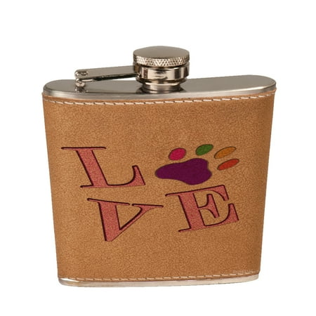 - KuzmarK 6 oz. Leather Flask Set in Black Presentation Box - Puppy Dog Kitty Cat Love