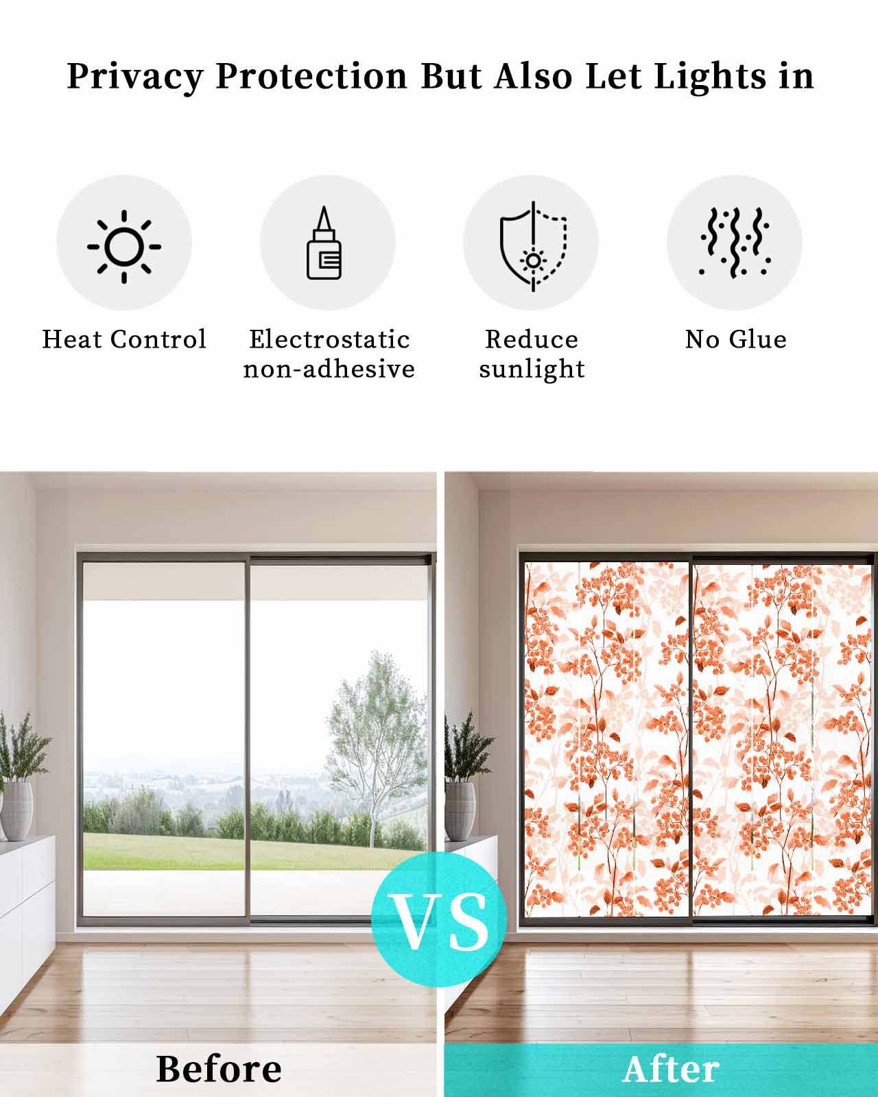 Window Privacy Film Burnt Orange Botanical Stained Glass Window Film Decorative Sun Block Window Cover Vintage Nature Flower Window Clings Static Adhesive Sticker for Bathroom 23.6"x59"