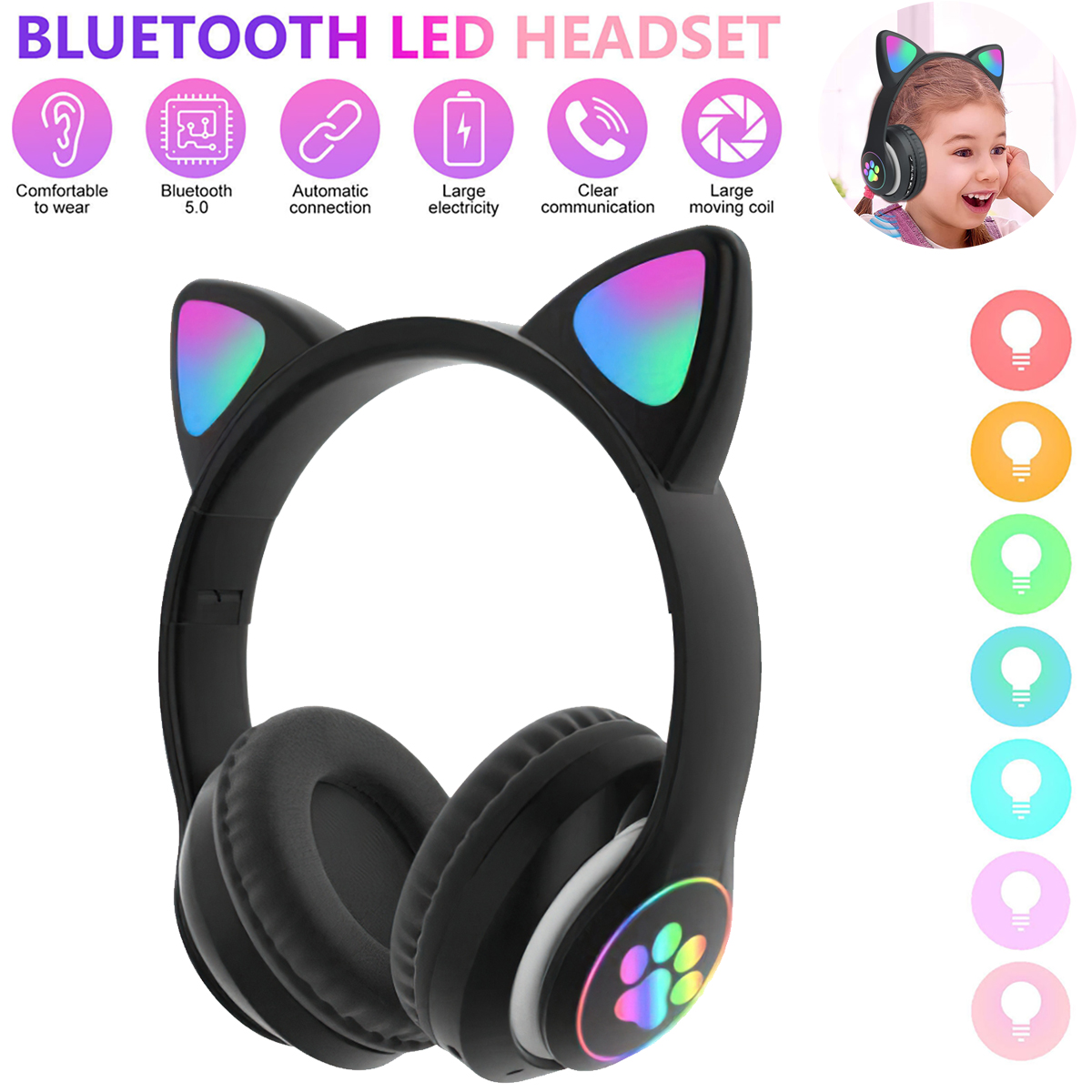 Hinzonek Cat Ear Kids Headphones, LED Lights, Black photo 4