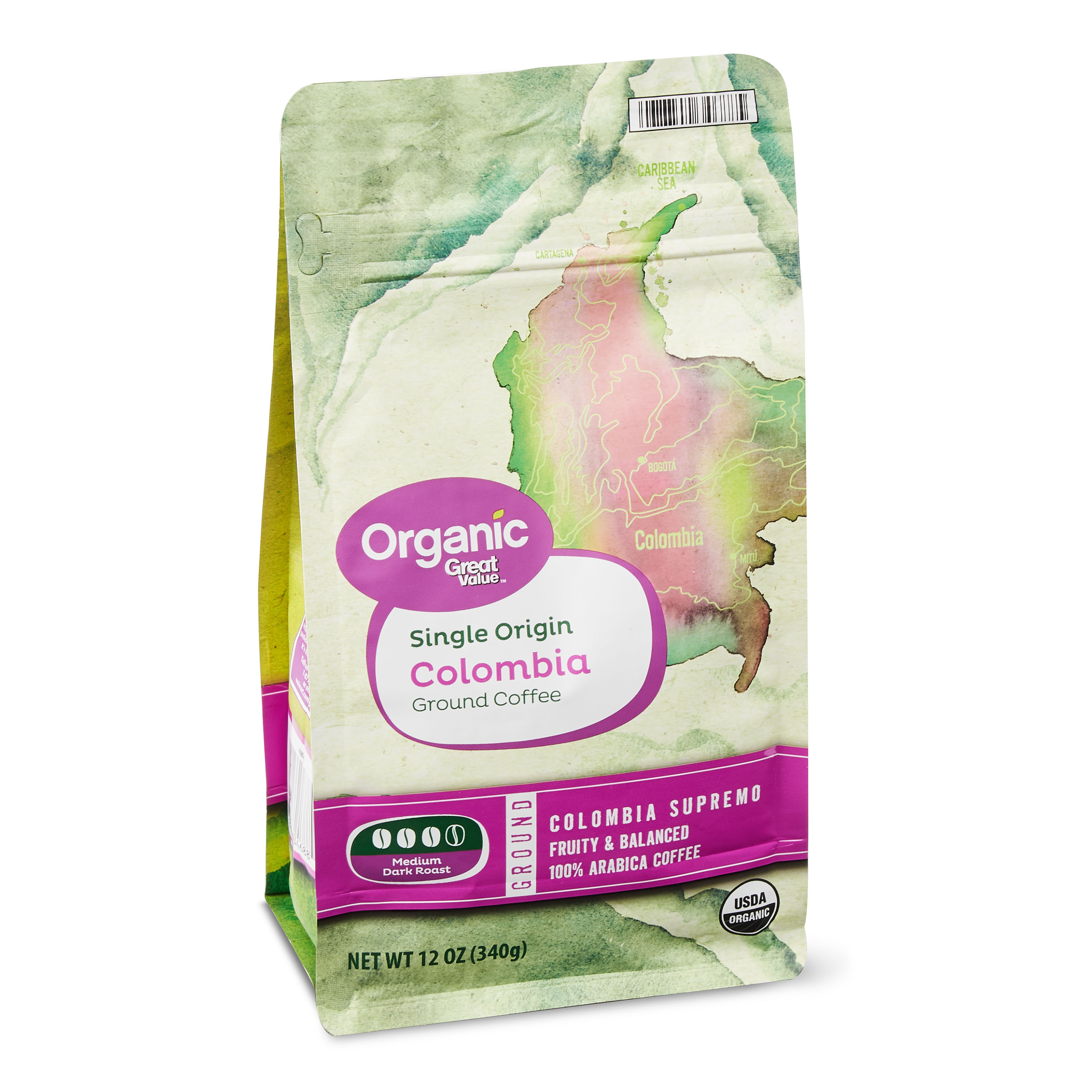 Great Value Organic Single Origin Colombia Ground Coffee, 12 oz